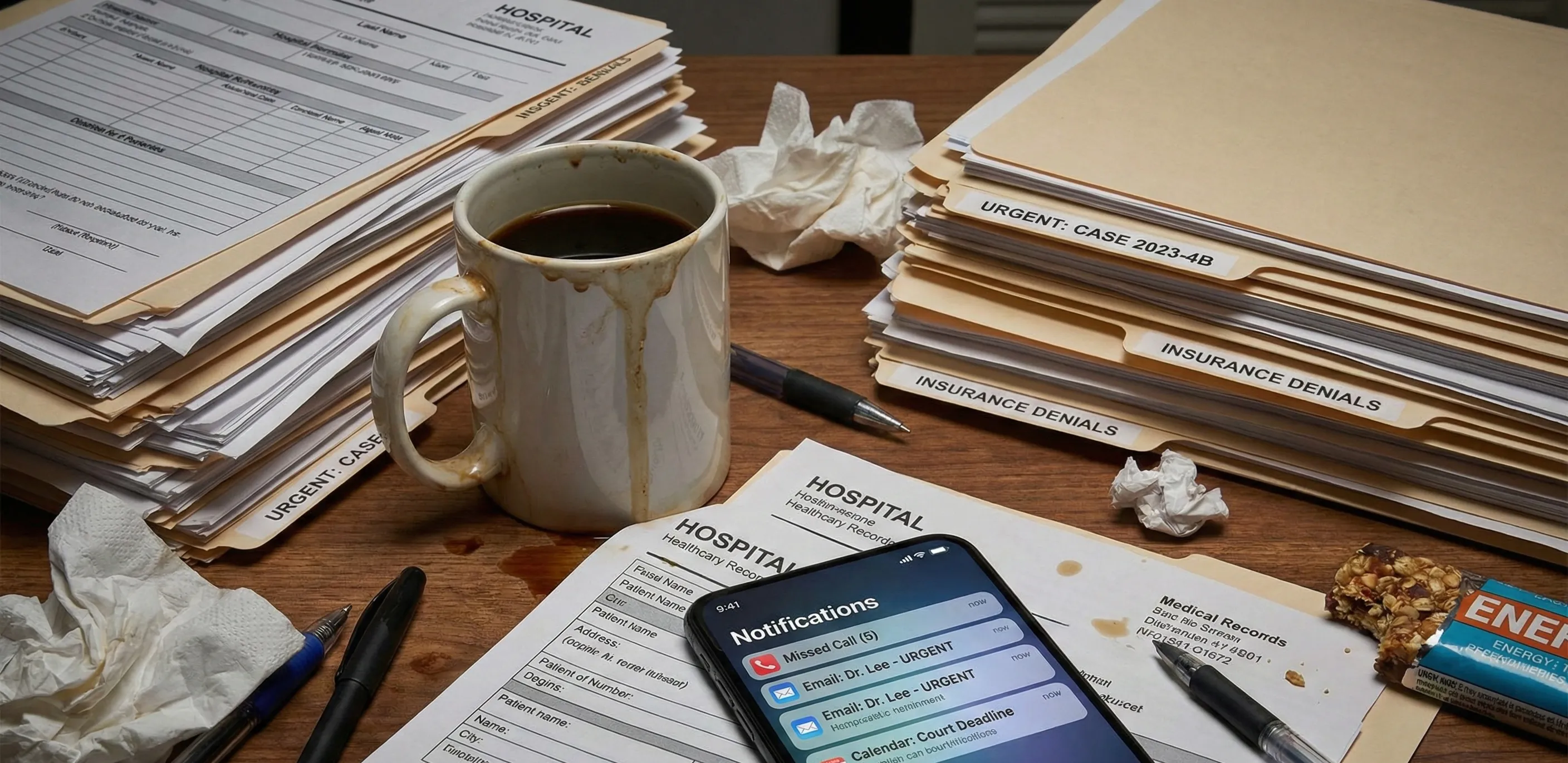 Mesa de escritório bagunçada representando sobrecarga administrativa